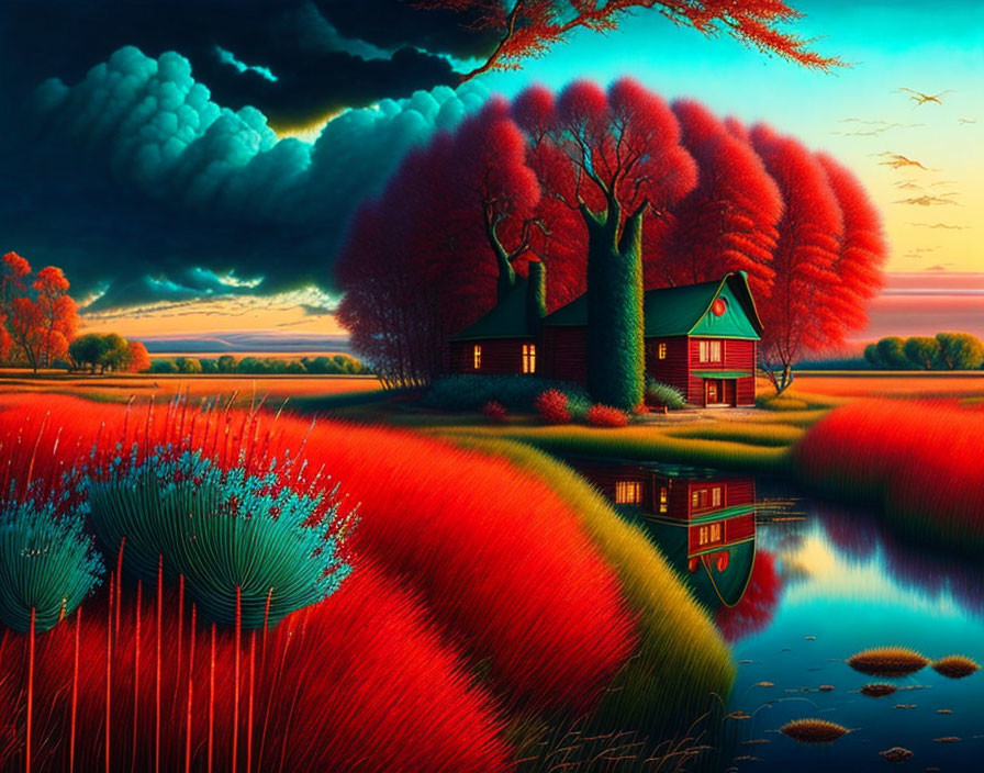 Colorful landscape with red foliage tree, green-roofed cottage, calm lake, and dramatic sky