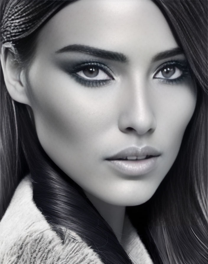 Portrait of woman with striking eyes and defined makeup in monochrome tones