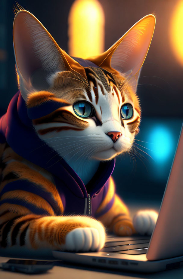 Anthropomorphic cat with blue eyes in purple hoodie at laptop screen