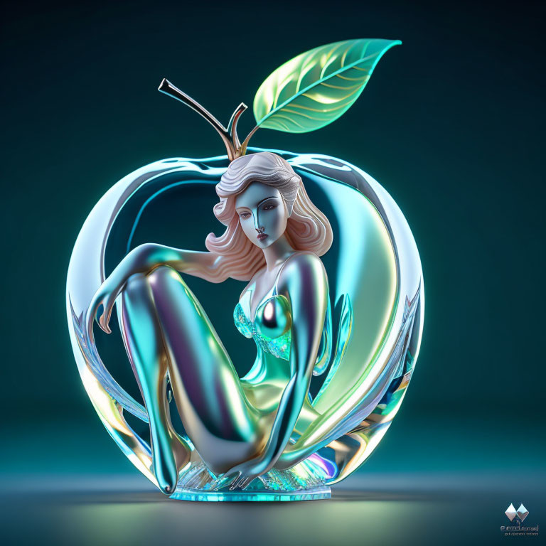 Stylized woman merged with metallic apple on serene blue background