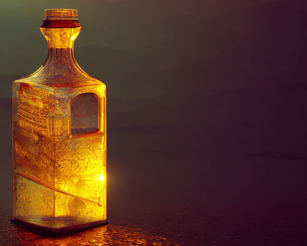 Translucent ornate bottle glowing against mountain backdrop