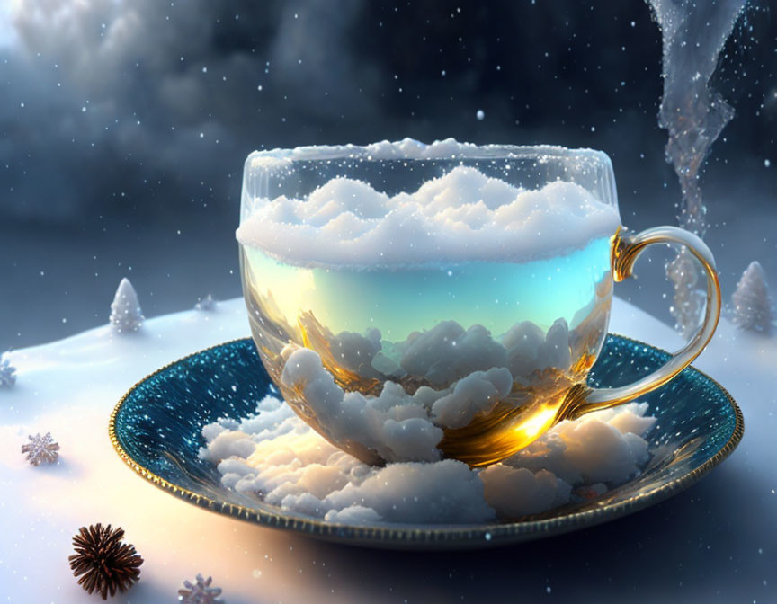 Translucent teacup digital artwork with snowy landscape and winter elements