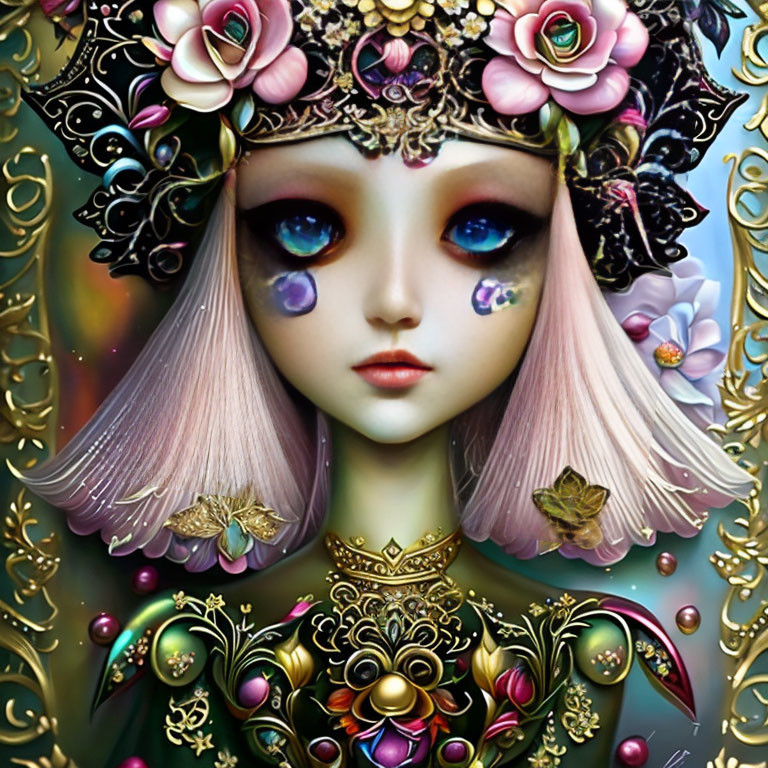 Stylized female character with blue eyes and ornate headpiece