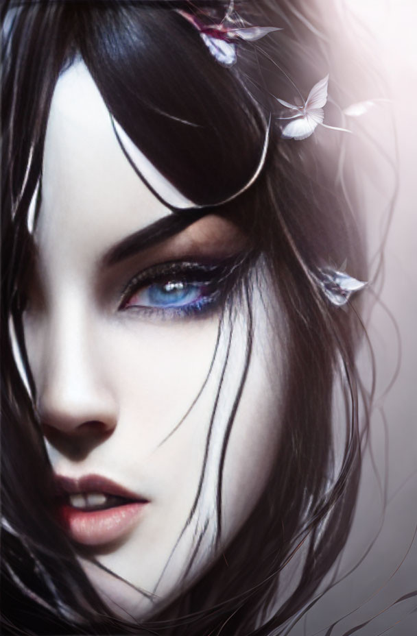 Digital Artwork: Woman with Blue Eyes and Butterflies in Dark Hair