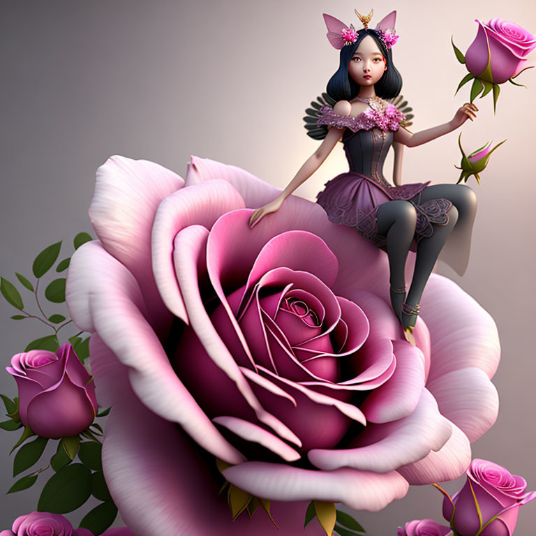 Illustration of fairy with butterfly wings on giant rose petal surrounded by pink roses