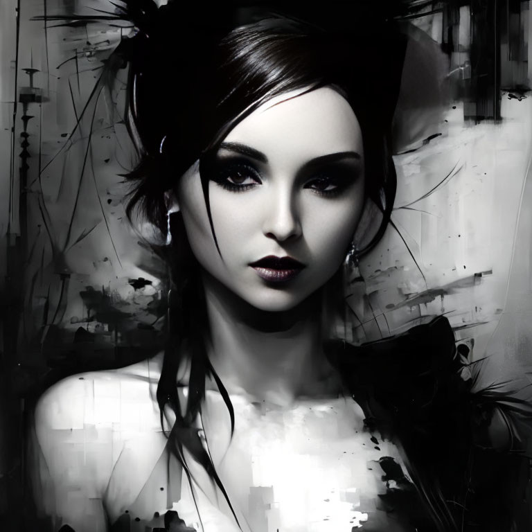 Monochromatic portrait of woman with stylized makeup and dark outfit, featuring abstract elements for a go