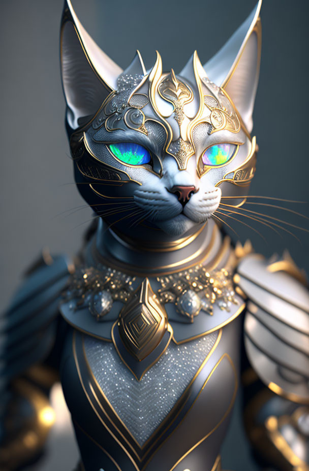 Majestic cat in golden-trimmed armor with cat-shaped helmet