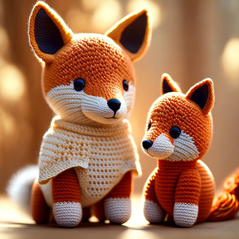 Crocheted fox toys with intricate patterns in two sizes on blurred background