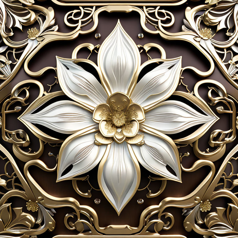 Golden 3D floral pattern with intricate leaves and white/gold flower on dark background