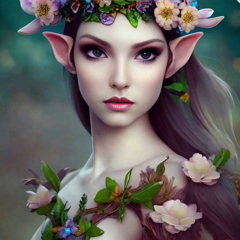 Fantasy female character with pointed ears and floral adornments.