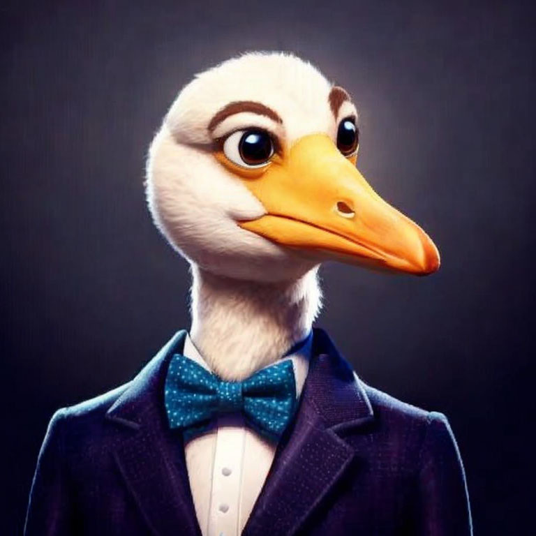 Anthropomorphic Duck Character in Purple Suit and Blue Bow Tie