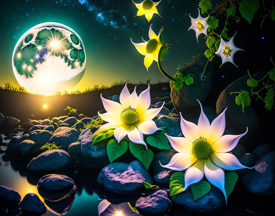 Night scene with glowing flowers, moon, and starry sky by rocky stream