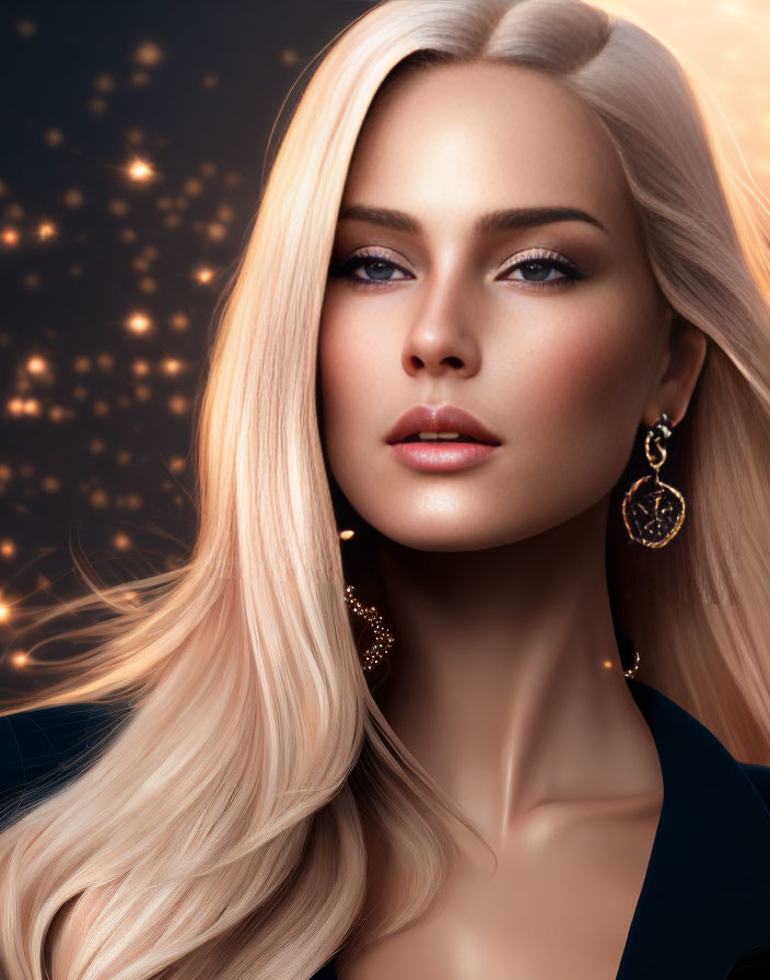 Blond Woman Portrait with Gold Earrings and Sparkling Lights