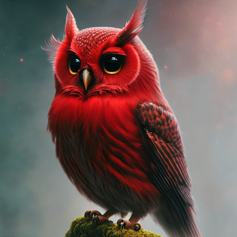 Red owl with yellow eyes perched on mossy branch in soft-focus background.