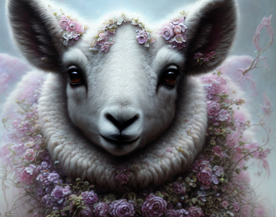 Portrait of a Lamb with Soulful Eyes and Pink Flower Crown