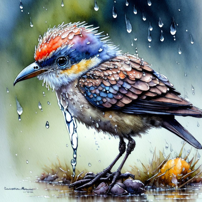 Vibrant red, blue, and yellow bird under falling raindrops