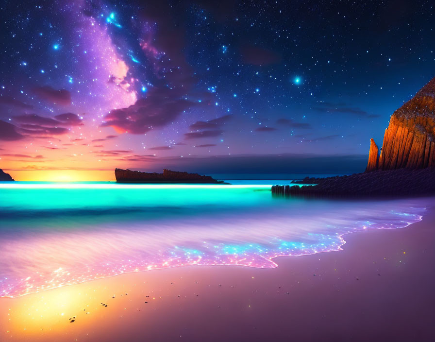 Twilight beachscape with bioluminescent tide, cliffs, and starry sky