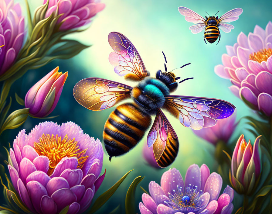 Detailed Illustration of Bees Flying Among Pink Flowers