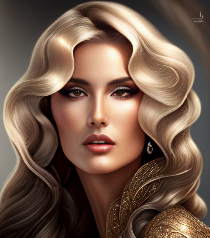 Digital painting of woman with voluminous blonde hair and gold armor.