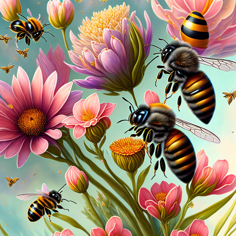 Vibrant bees pollinating colorful flowers in bright sky