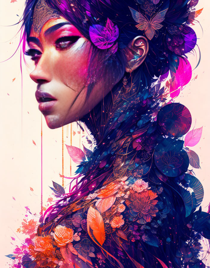 Colorful digital artwork: Woman with floral and butterfly motifs in pink, purple, and orange