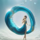 Woman in surreal water ring with suspended droplets on blue background