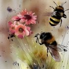 Vibrant bees pollinating colorful flowers in bright sky