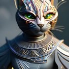 Majestic cat in golden-trimmed armor with cat-shaped helmet