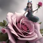 Illustration of fairy with butterfly wings on giant rose petal surrounded by pink roses