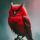 Red owl with yellow eyes perched on mossy branch in soft-focus background.