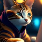 Anthropomorphic cat with blue eyes in purple hoodie at laptop screen