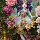 Detailed illustration of doll-like figure with purple eyes, adorned with flowers and gold filigree in whims