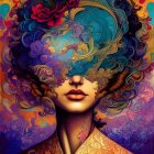 Vibrant digital artwork: Woman with psychedelic patterns and floral motifs.