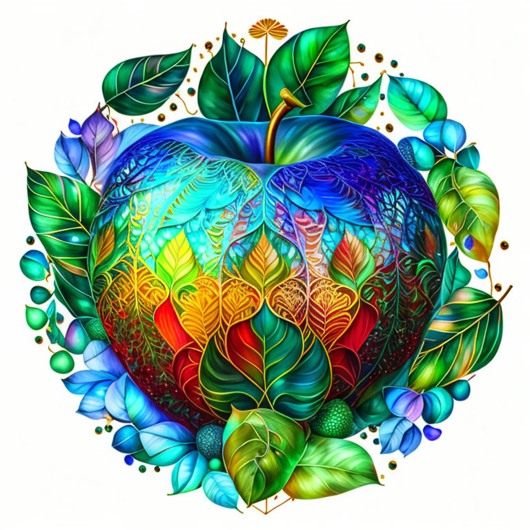 Colorful Heart-Shaped Apple Illustration with Intricate Foliage