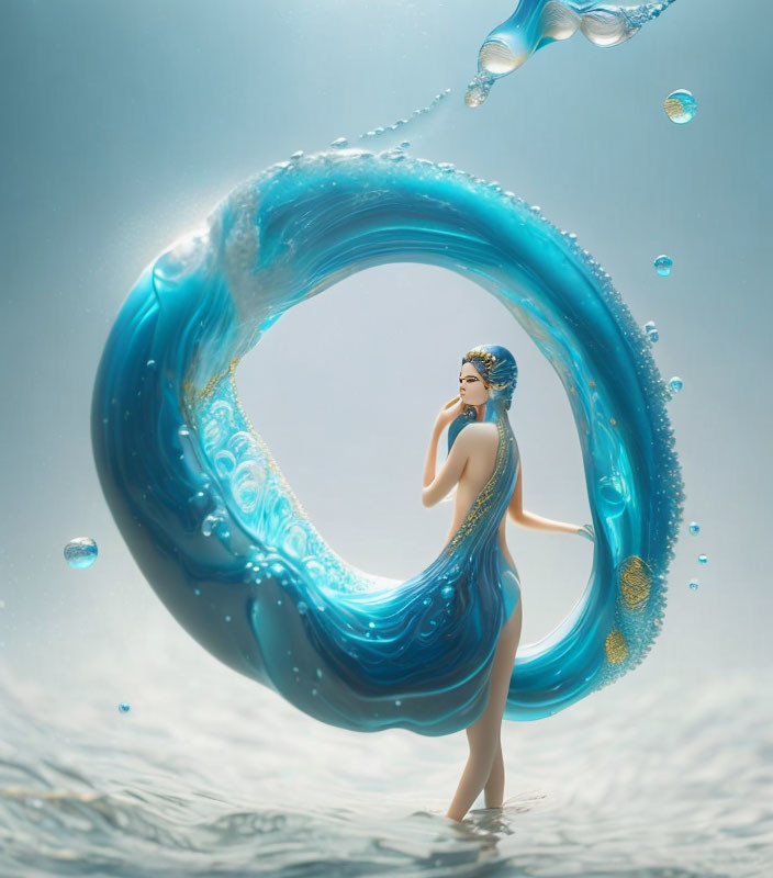 Woman in surreal water ring with suspended droplets on blue background