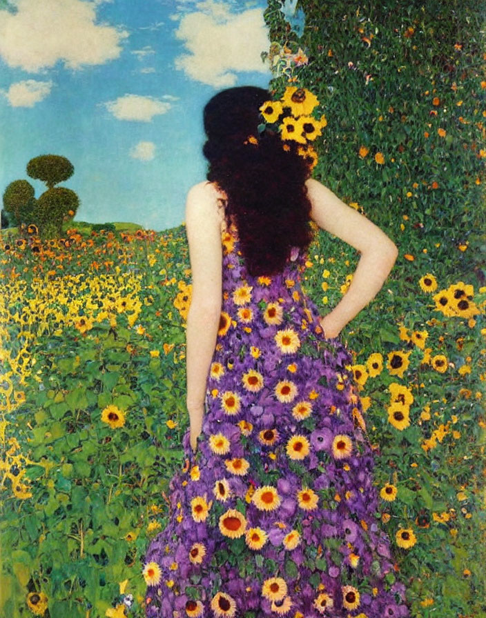 Woman in vibrant floral dress standing in sunflower field under blue sky