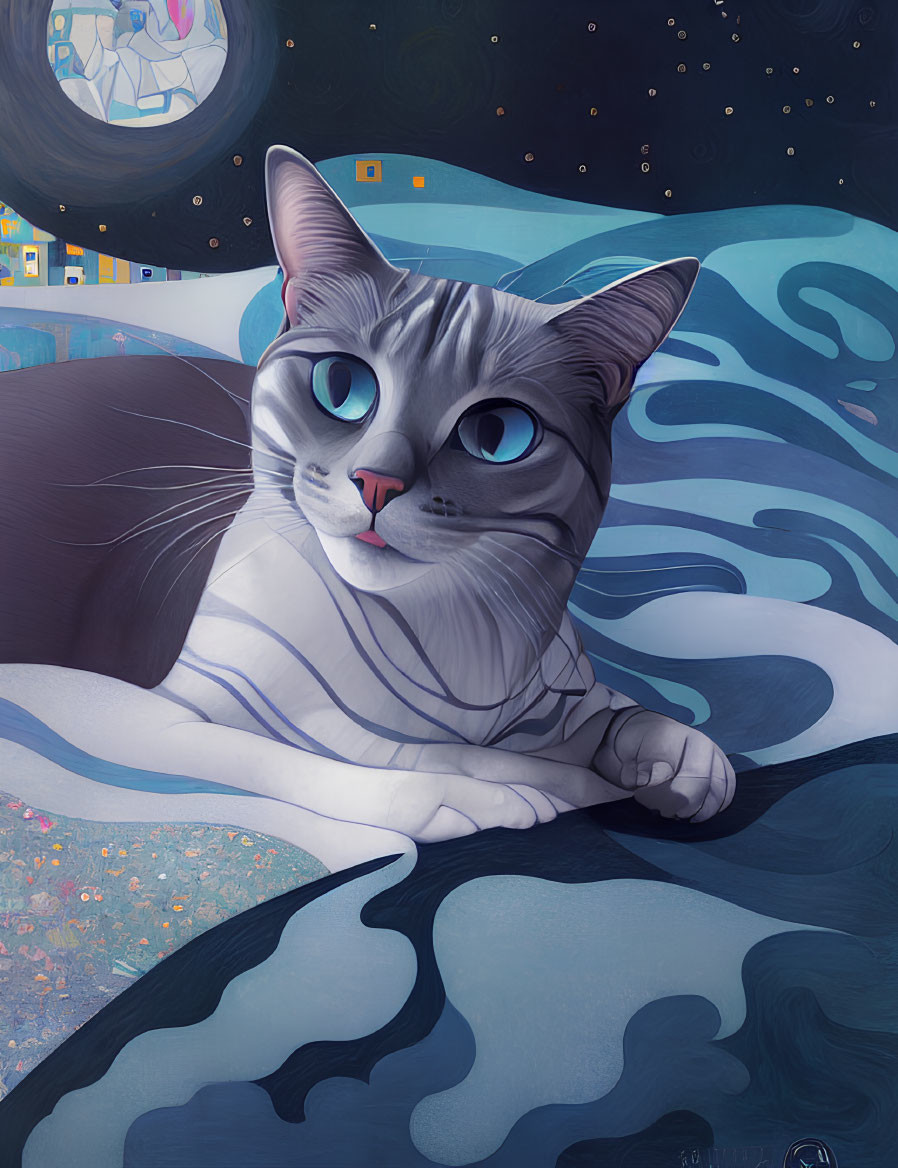 Stylized painting of blue-eyed cat on patterned surface with night sky background