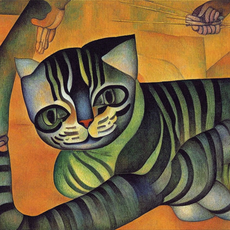 Cubist-style painting of green and black striped cat