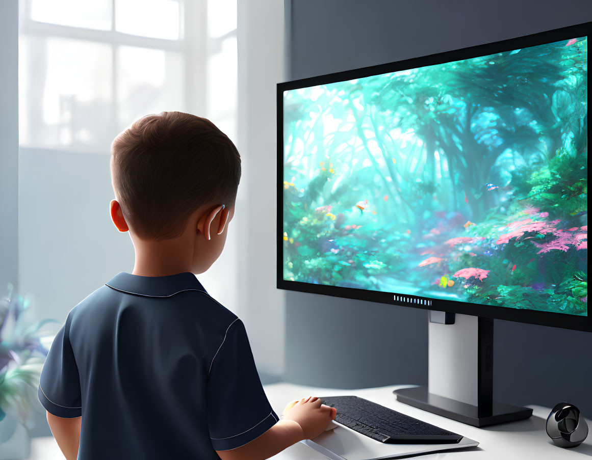 Boy in blue shirt gazes at animated forest scene on large monitor in sunlit room