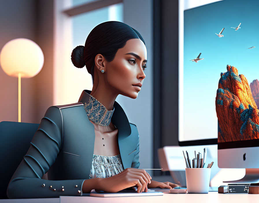 Professional woman at office desk with computer screen, pens, and bird wallpaper.