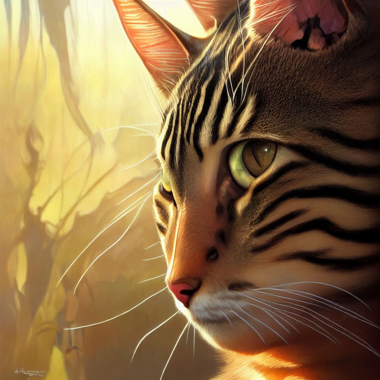 Detailed Tabby Cat Digital Painting with Green Eyes in Forest Setting