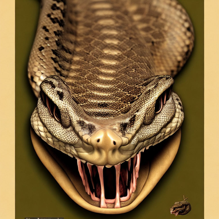 Detailed Illustration of Snake with Open Mouth and Sharp Fangs Near Lizard