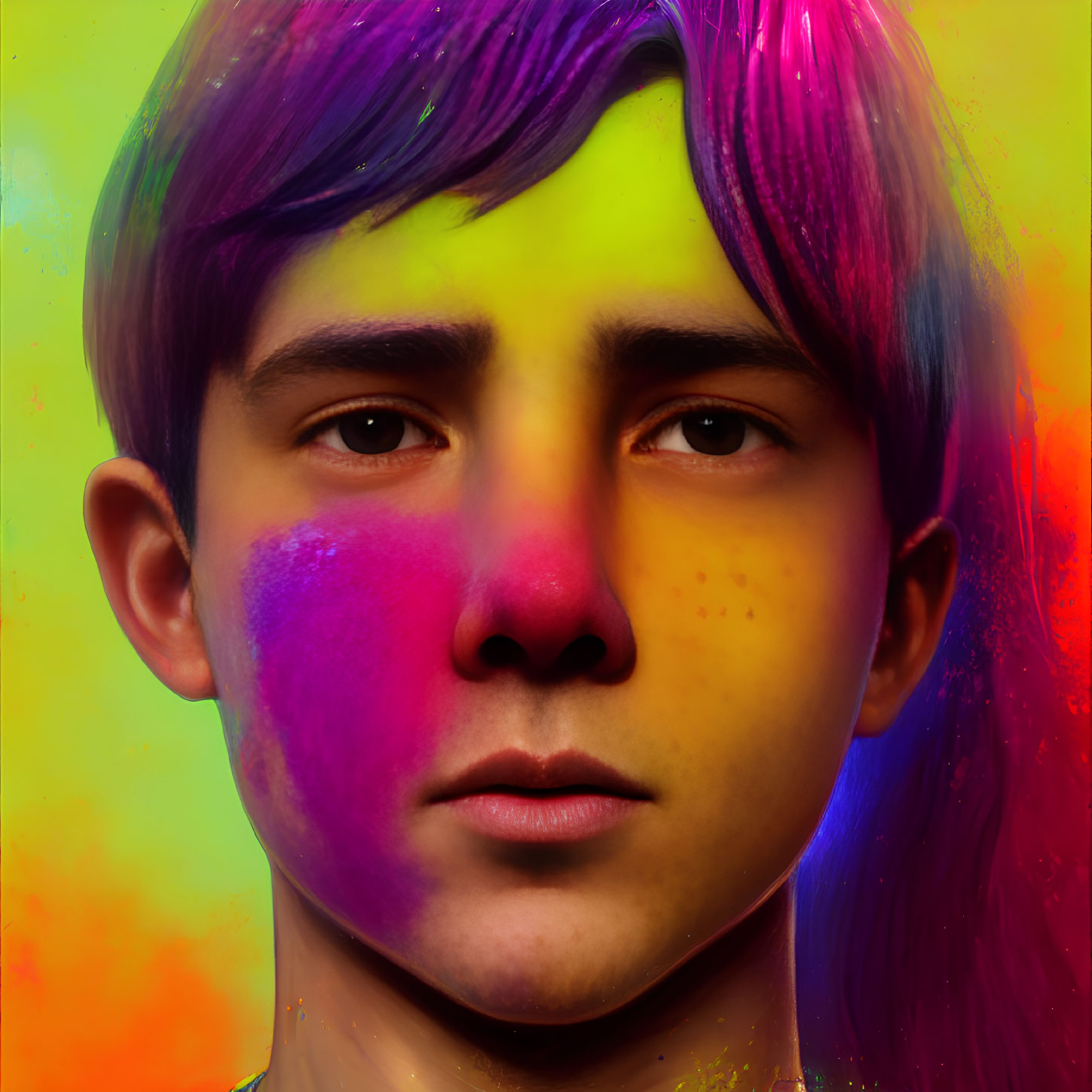 Colorful face paint portrait on gradient background.