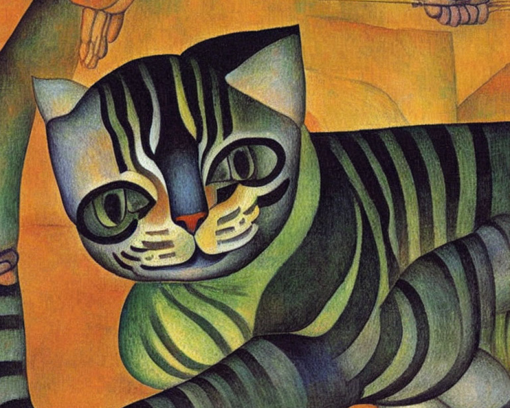 Cubist-style painting of green and black striped cat