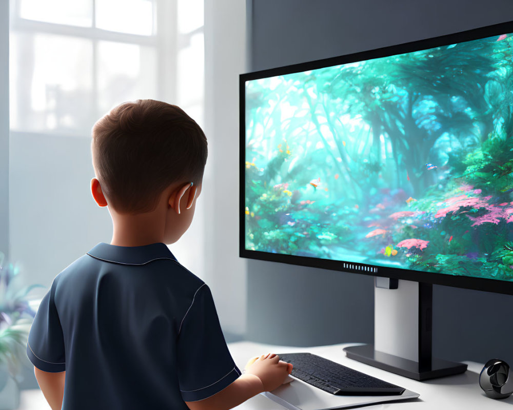 Boy in blue shirt gazes at animated forest scene on large monitor in sunlit room