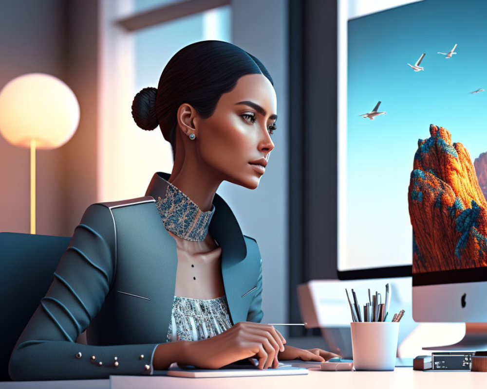 Professional woman at office desk with computer screen, pens, and bird wallpaper.