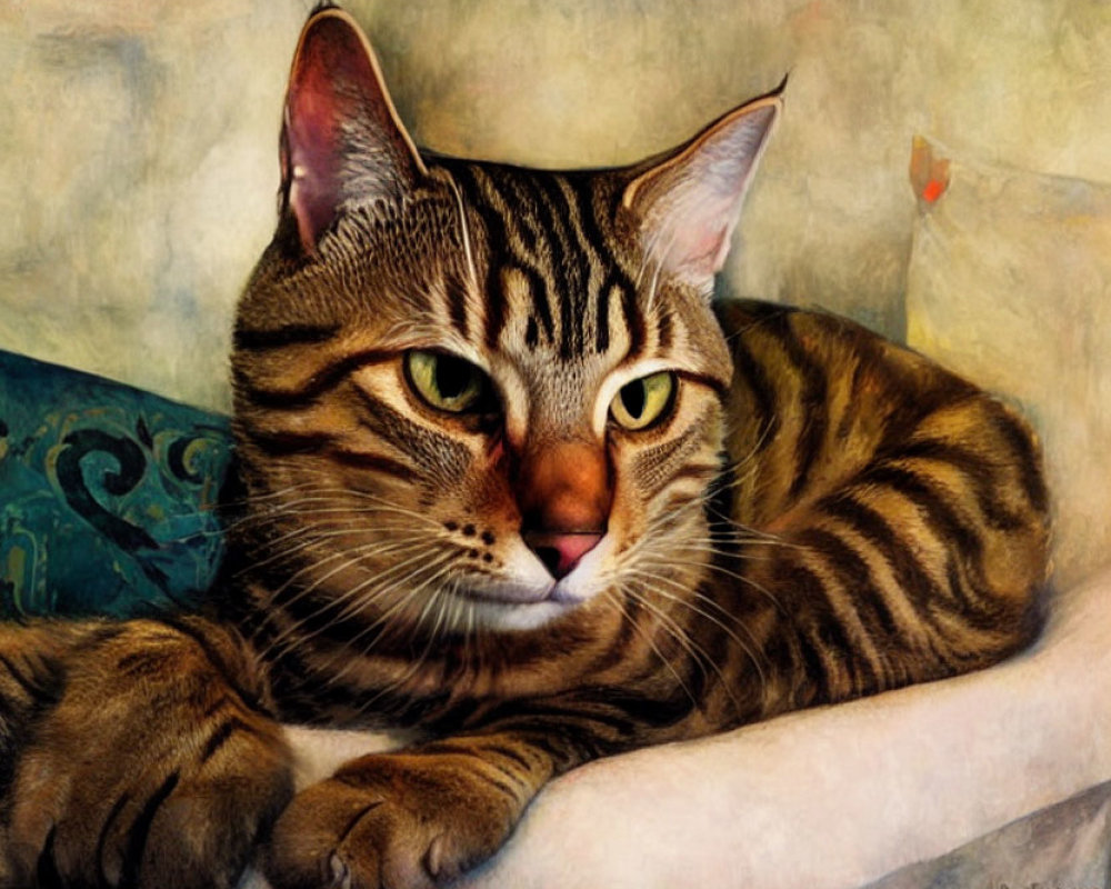 Tabby Cat with Striking Patterns and Green Eyes Lounging Comfortably