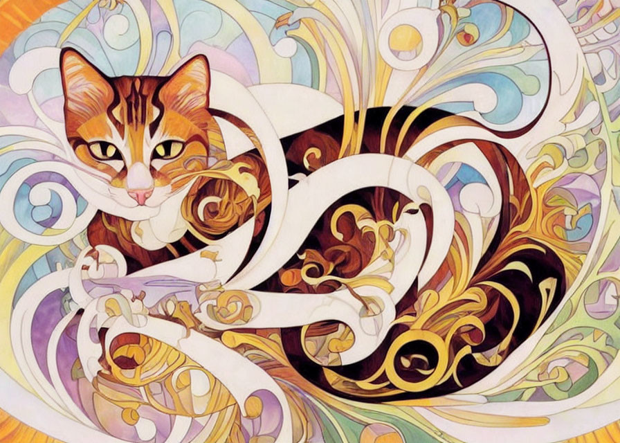 Vibrant orange and white cat with abstract patterns and floral backdrop