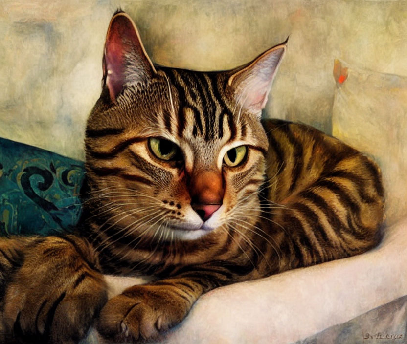 Tabby Cat with Striking Patterns and Green Eyes Lounging Comfortably