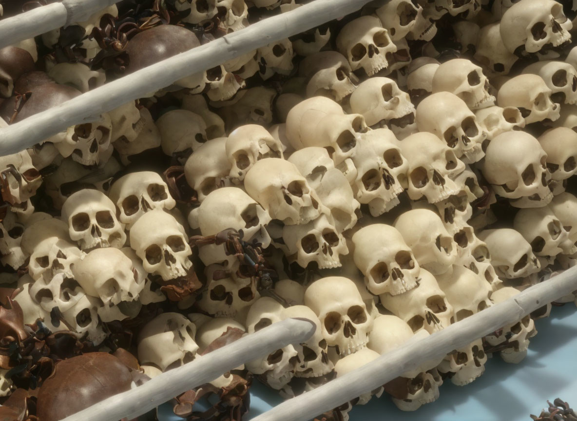 Collection of small human skull replicas with dried flowers and seed pods